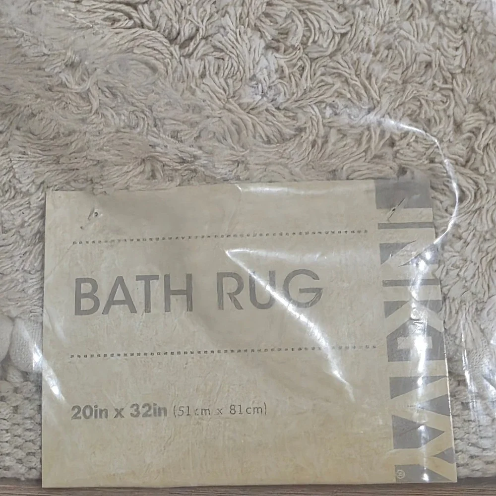 Ink+Ivy Bath Rug 20x32 Beige Taupe Boho Geometric Textured Pom Pom New - Picture 2 of 3